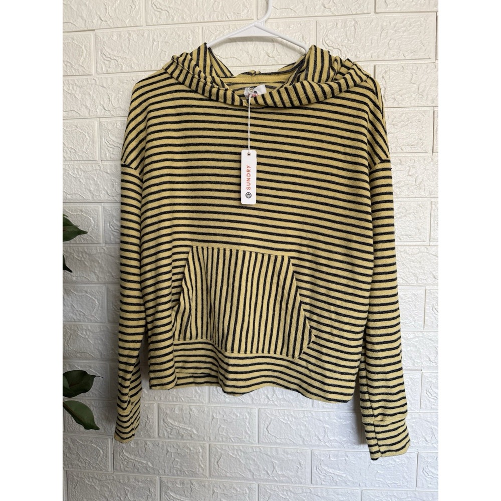 NWT Sundry Yellow And Black Stripe Hoodie Sweatshirt With pocket,  Size S